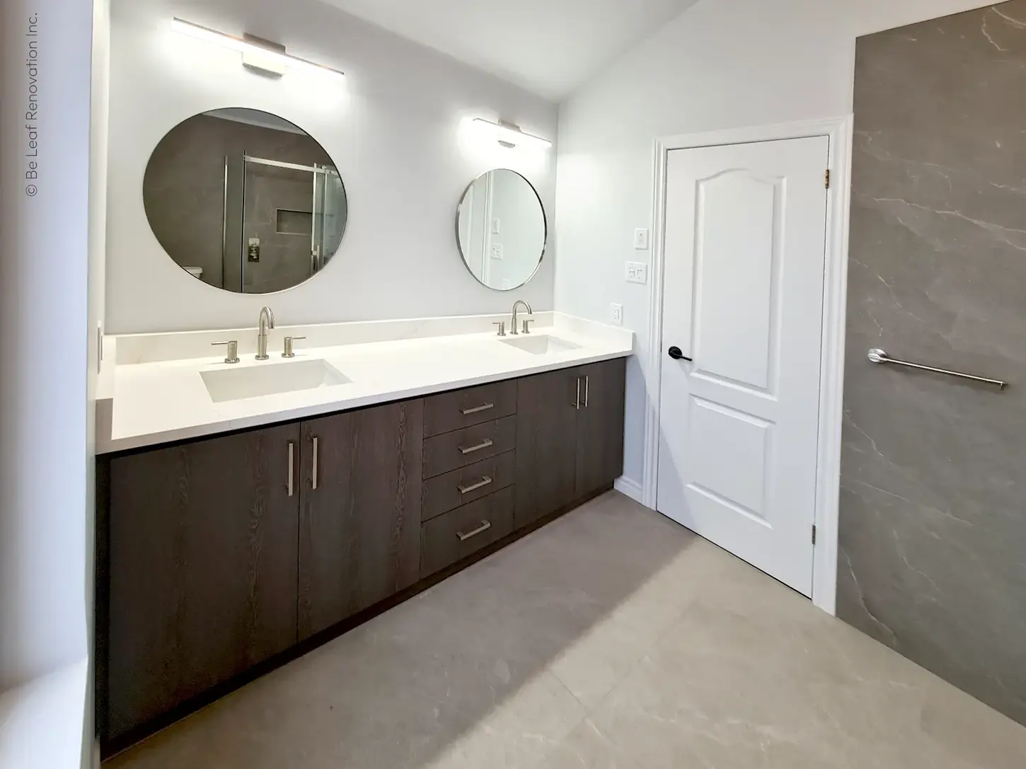 double vanity bathroom remodel dark wood cabinets round mirrors