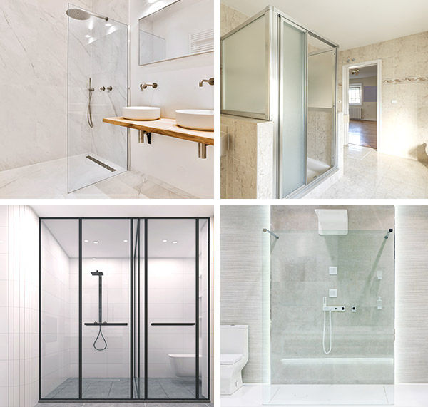 Four ideas of shower enclosures: barrier-free partition, chromed framed glass door, sliding design door with black frame and frameless glass door.