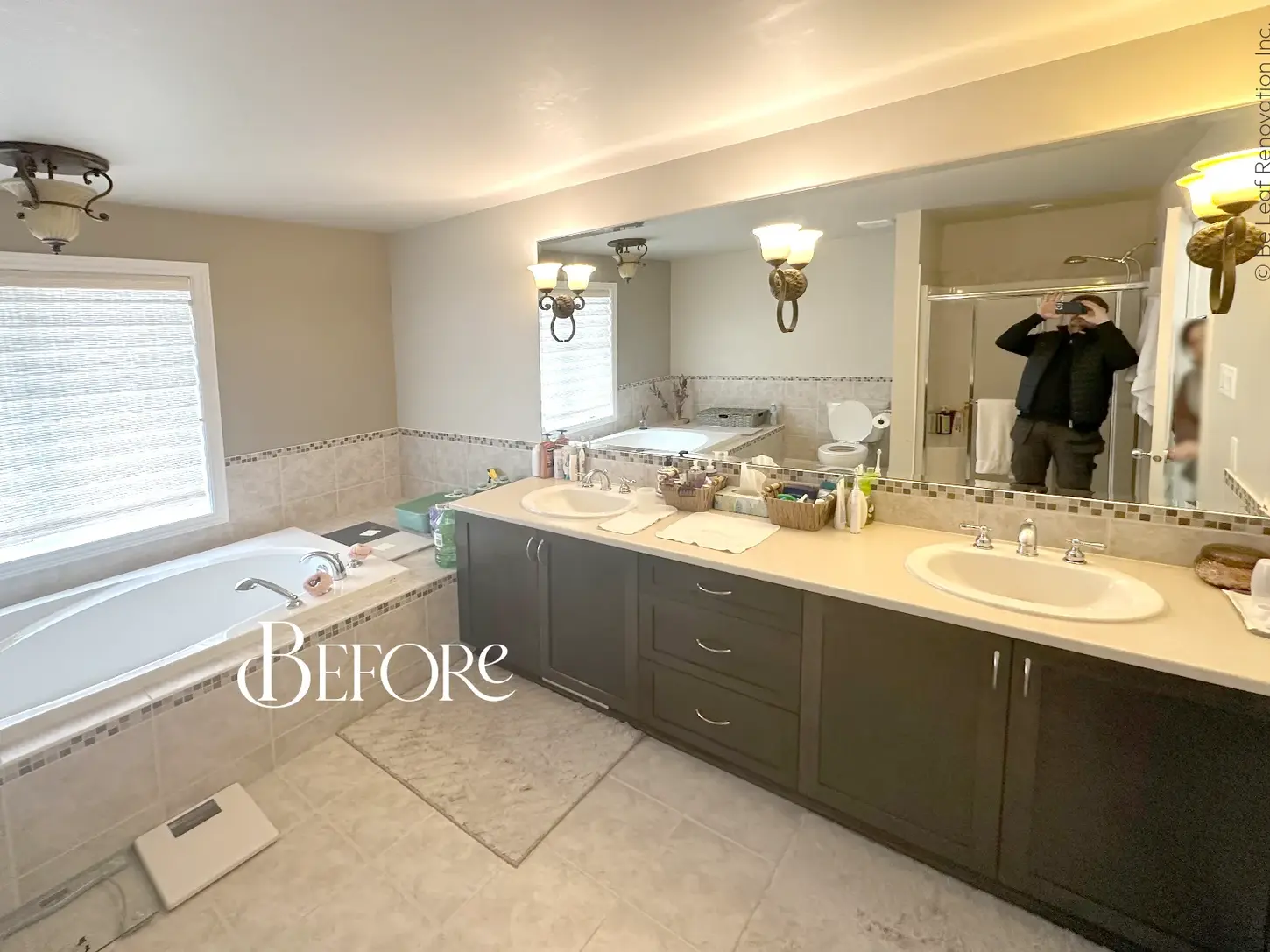 Before photo outdated bathroom vanity built-in tub