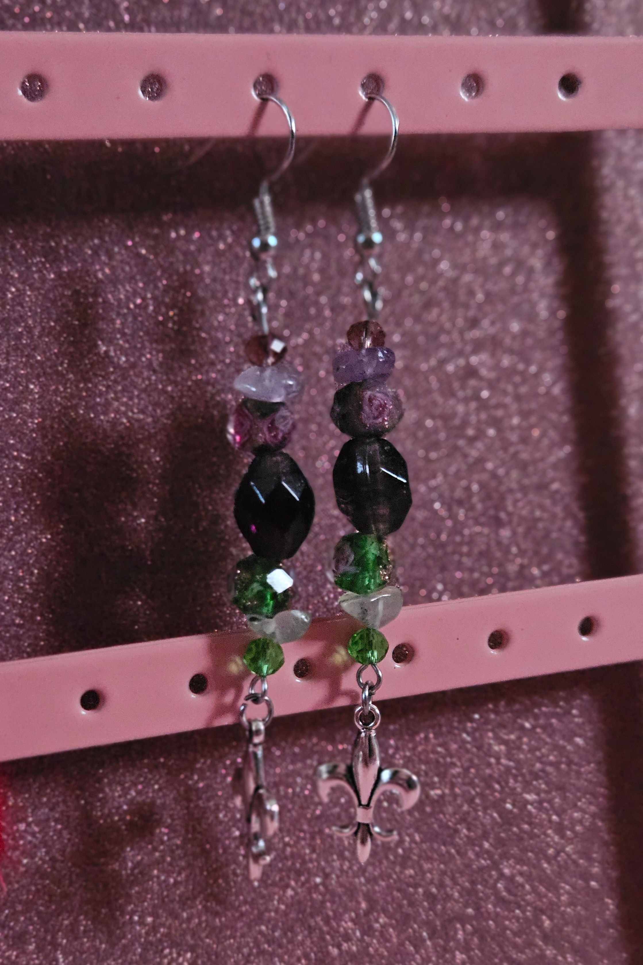 Purple/Green Fleur De Lis Statement Earrings