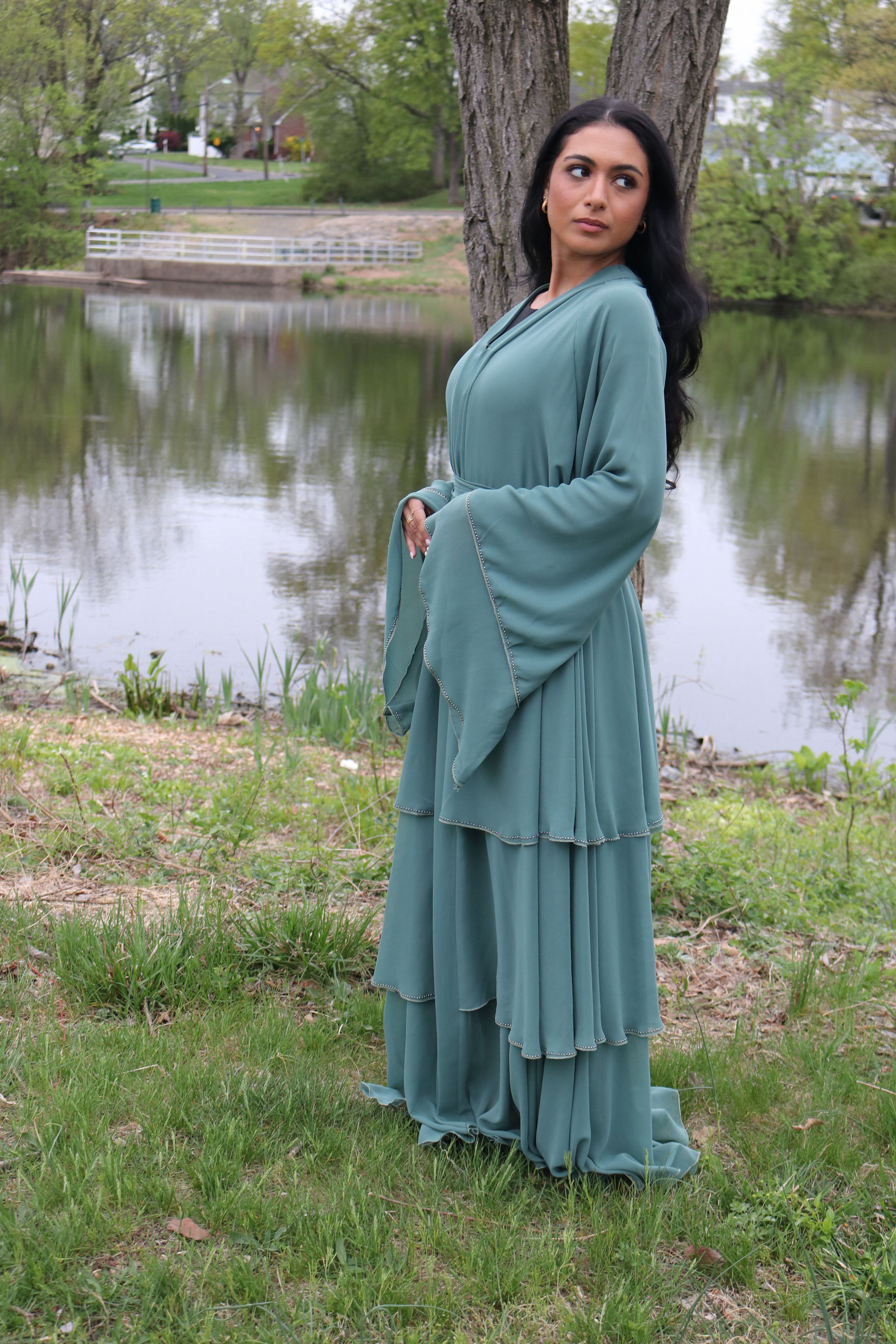 Aqua chiffon tiered abaya 