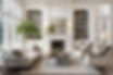 A wide shot of a large beautiful livingroom . There are 2 large windows on eaither side of a fireplace flanked by built in bookshelves. Almost everything is beige or white except the fiddleleaf fig tree on left.