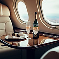 Interior of a private jet seat with a table and 2 glasses of champagne, the bottle and cutlery