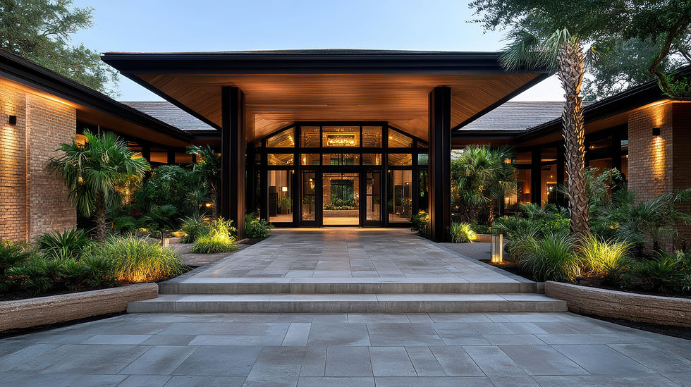 luxury private estate entrance with modern architecture and landscaped grounds, representing high-end household staffing and estate management environments