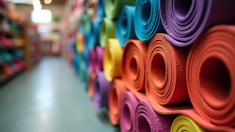 Eye-level view of colorful yoga mats stacked in a shop