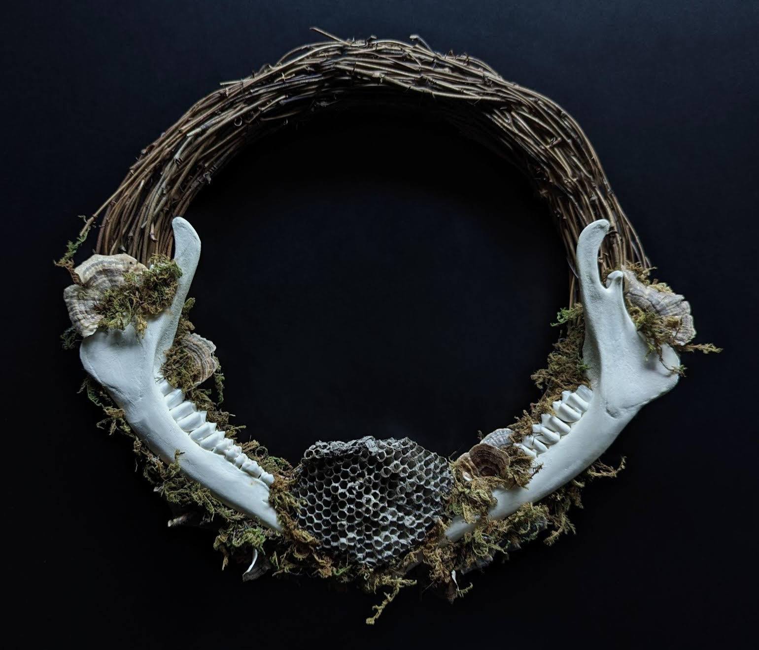 Woodland Wreath- Double Deer Mandible, Wasp Nest