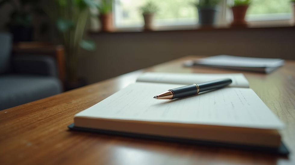 Close-up view of a journal and pen on a wooden table