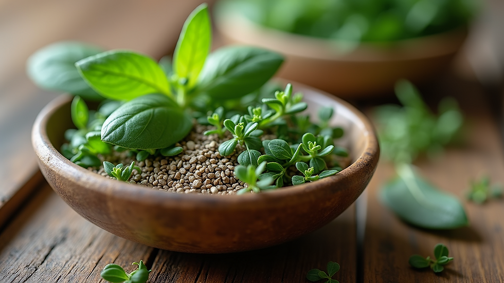 Close-up view of a bowl filled with fresh herbs and natural remedies