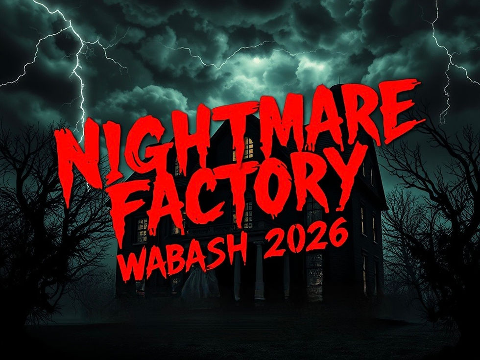 Nightmare Factory Wabash 2026 promotional graphic featuring a haunted mansion under stormy skies with lightning and red horror typography