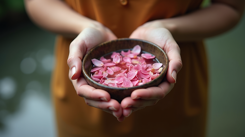 Close-up view of hands holding a small bowl of water with flower petals floating