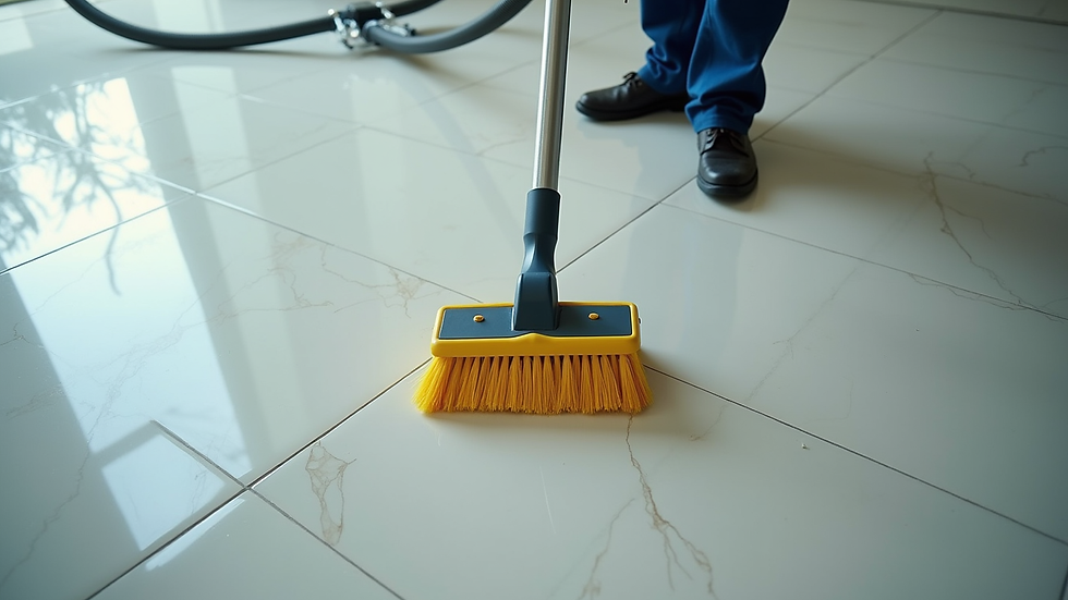 High angle view of a professional cleaner using a vacuum and scrub brush on a tiled floor