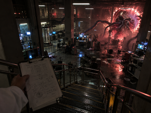 Hyper-realistic cinematic first-person POV paranormal horror artwork of investigators confronting a dark transdimensional being amid ritual remnants inside a decaying underground room — Pixel POV.