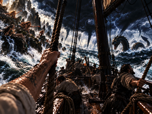 Hyper-realistic cinematic first-person POV mythological dark fantasy artwork of sailors facing a giant sea serpent, violent cyclones, and sirens during a catastrophic ocean storm — Pixel POV.