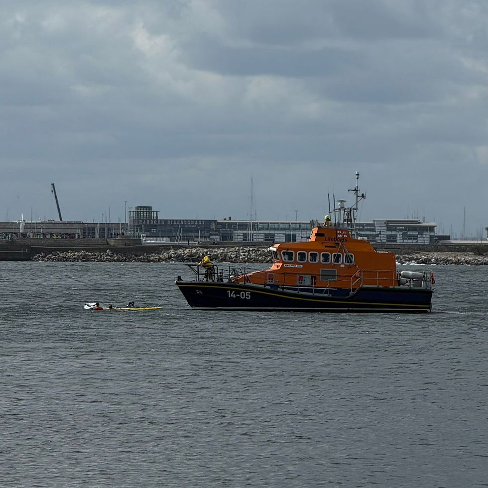 Dún Laoghaire RNLI rescuing 3 kayakers on the water in Sandycove.
