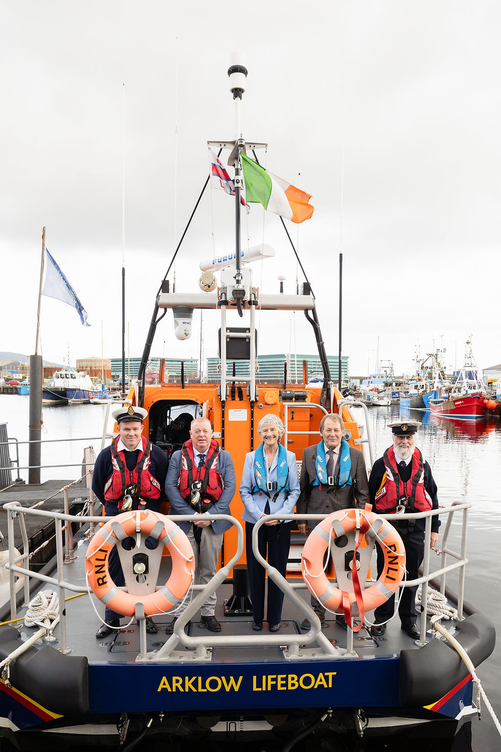 L-R Station Technician James Russell, Lifeboat Operations Manager John Bermingham, President Catherine Connolly, Mr. Brian McEnery and Coxswain Ned Dillion. Photo: Eamon Bermingham/ArklowPhoto