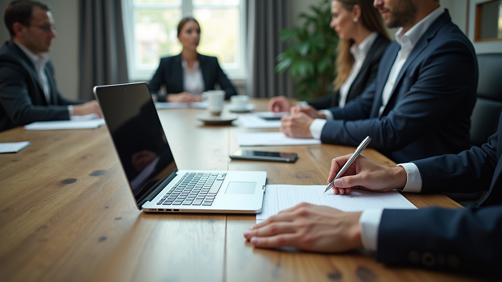 High angle view of a business meeting with a laptop and notes on a wooden table