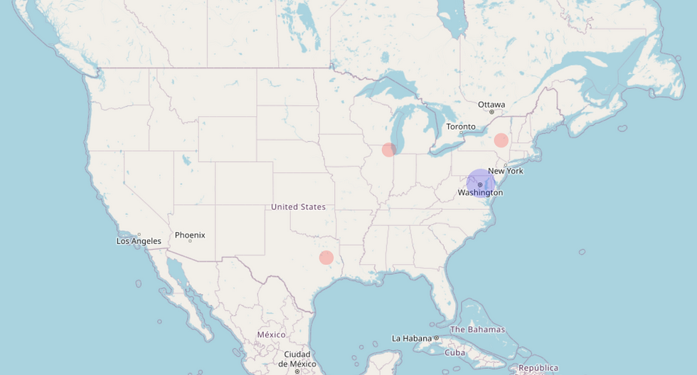 Locations of Palatine (NY), Palatine (IL), Palestine (TX) and Maryland (Blue)