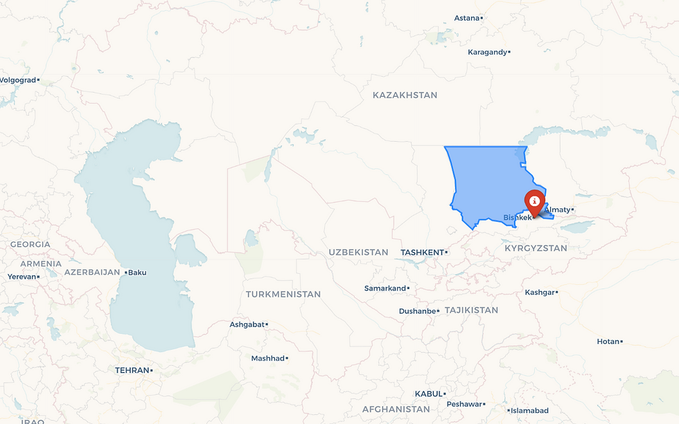 Location of Dzhambul in Kazakhstan (Blue) and the Kyrgyzstan Technical University (Red Pin)
