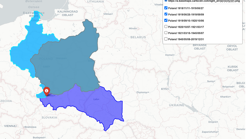 Poland 1918- (Gray), Poland 1919/06/28 -(Right Blue), Poland 1919/09/10 - (Blue) and Auschwitz (Red Pin)