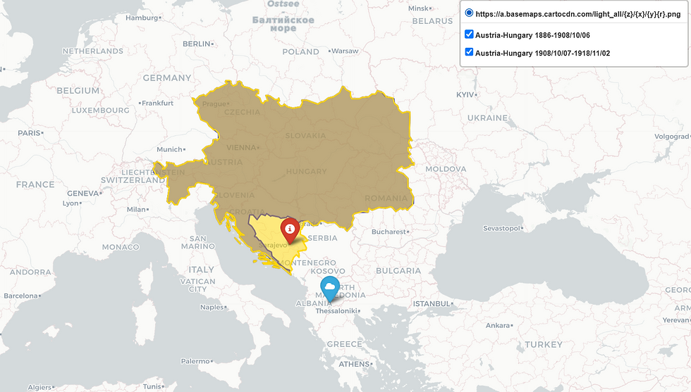 Gray: Austria-Hungary (1886-1908), Yellow: Austria-Hungary (1908-1918), Blue Pin: Resen and Red: Sarajevo