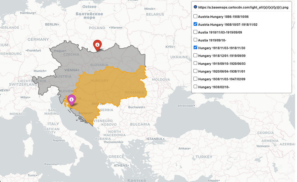 Austria-Hungary Empire (1908-1918, Gray), Hungary(1918-, Yellow)