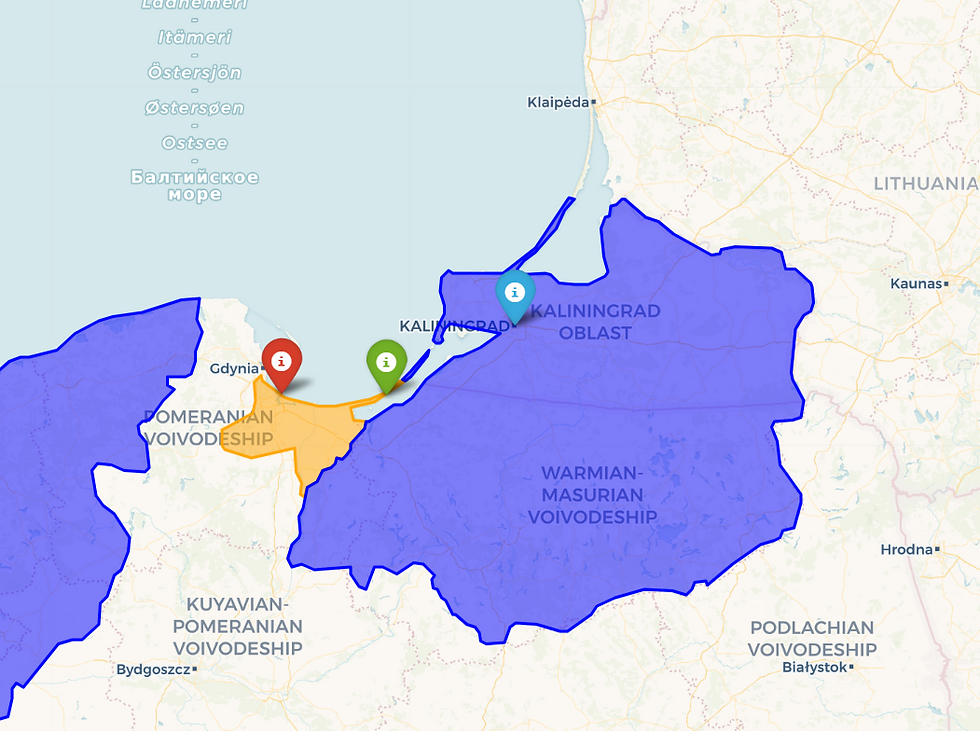 Pins - Red: Westerplatte, Green: Vistula Spit, Right Blue: Kaliningrad