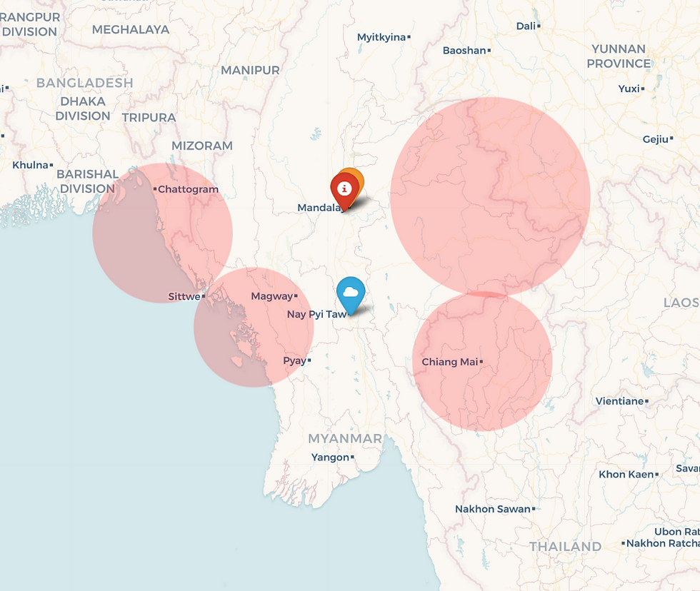 Location of Sagaing (Red), Mandalay (Orange), Capital City (Blue) and Mercenaries (Red circle)