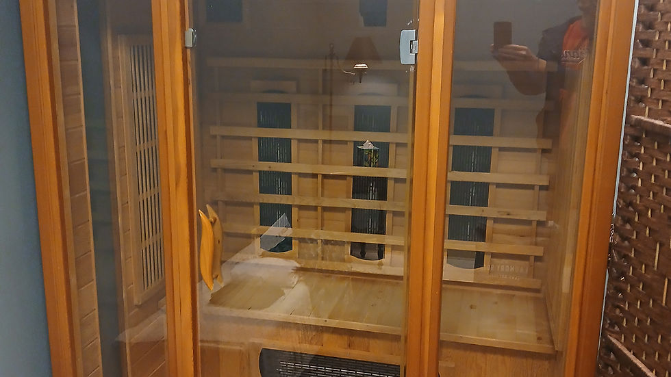 Eye-level view of a serene sauna interior with wooden benches