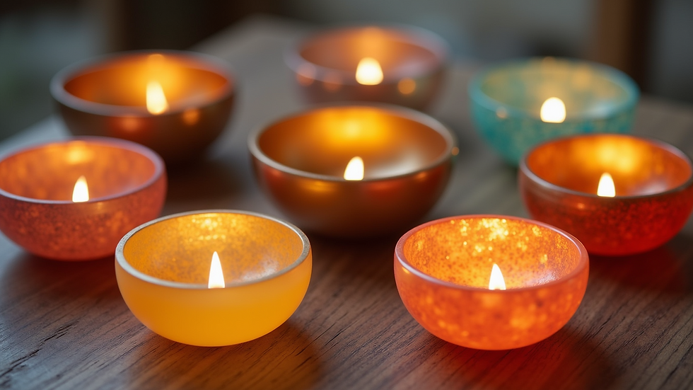 High angle view of crystal singing bowls arranged in a circle