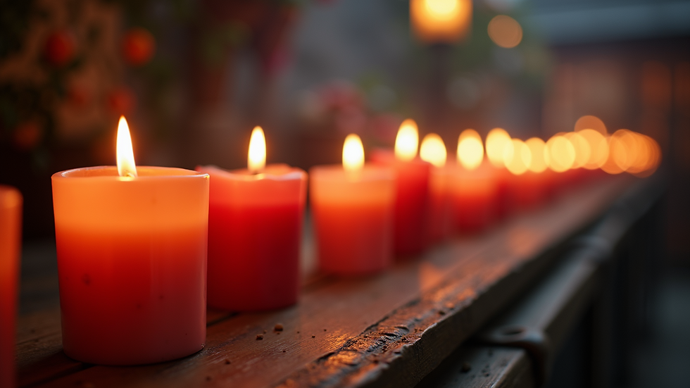 Eye-level view of candles and incense burning in a peaceful setting