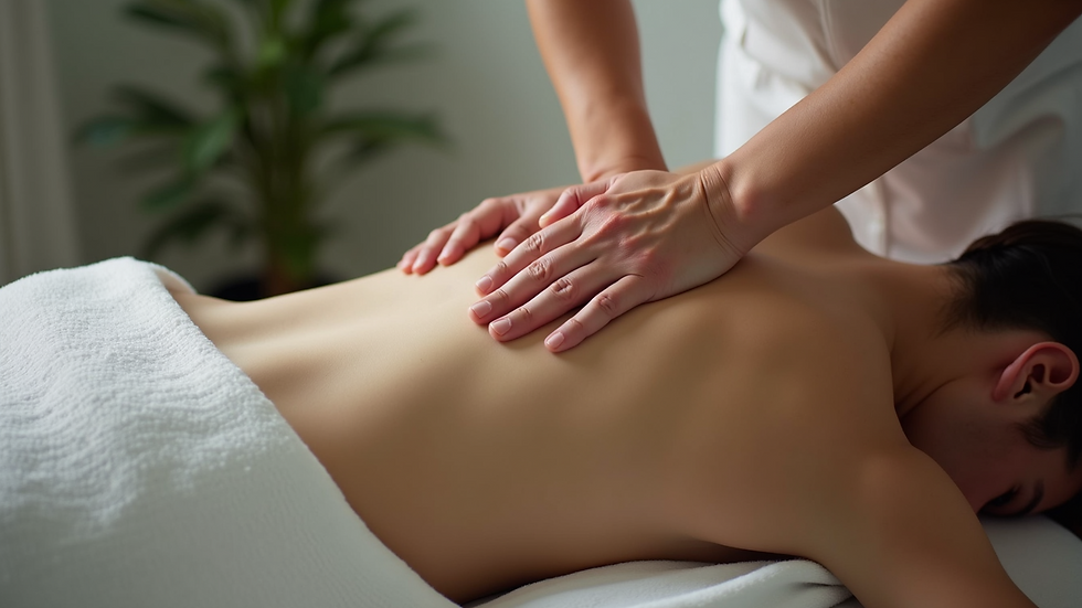 Close-up view of massage therapist applying pressure on back muscles