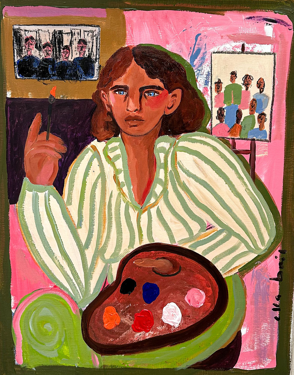 Oil painting of a woman holding a paint brush