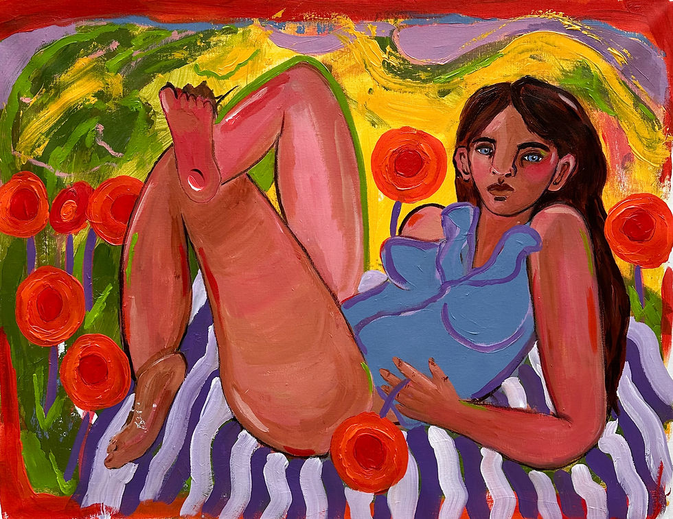 An acrylic painting of a woman laying on a towel surrounded by flowers 