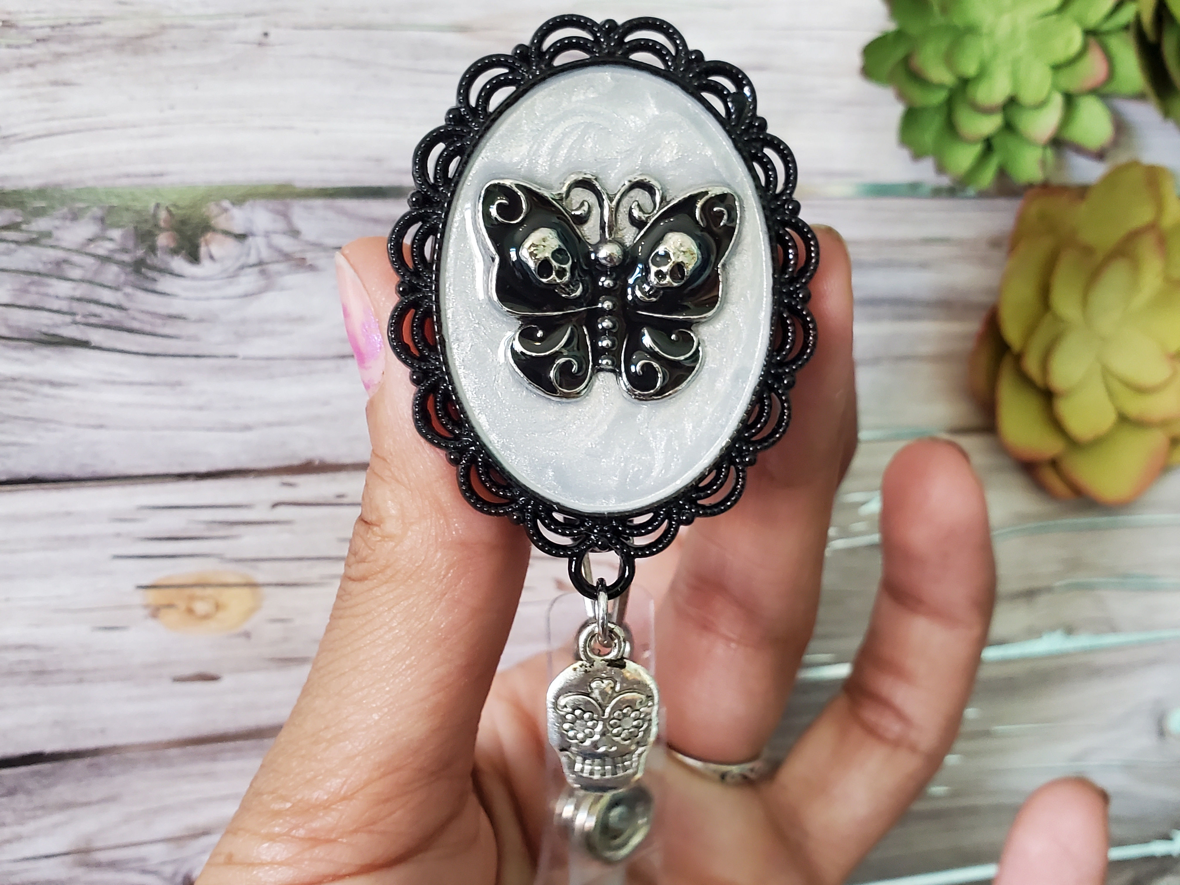 Gothic butterfly. Skull butterfly badge holder jewelry 