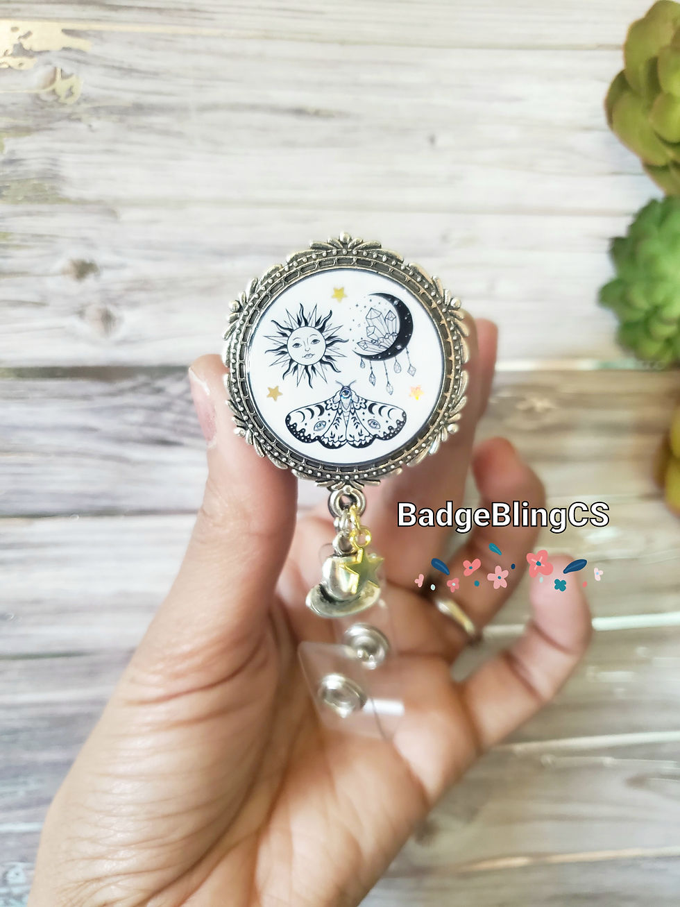 Celestial moon stars crystals moths badge holder jewelry