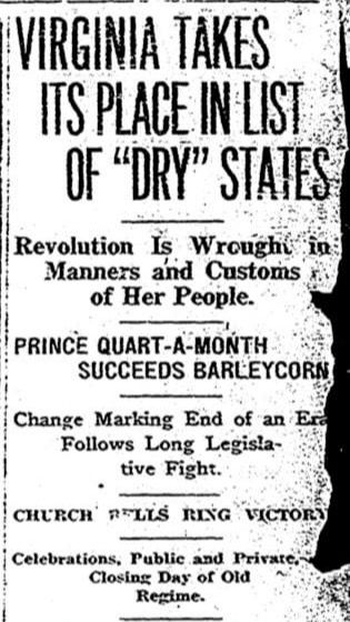 At the stroke of midnight on Nov. 1, 1916, the Virginia Prohibition Act took effect, banning the sale of alcohol. [Credit: Nov. 1, 1916, Richmond Times-Di