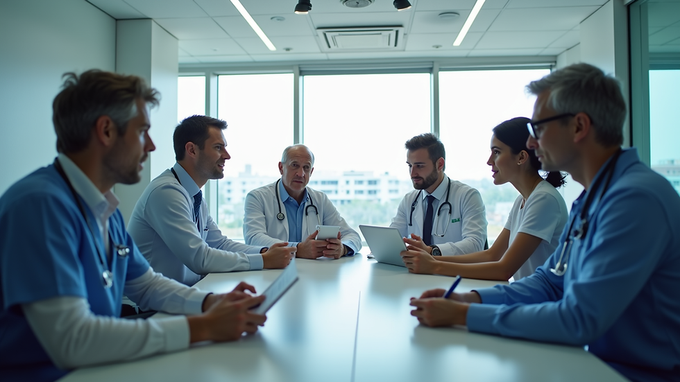 Eye-level view of a healthcare team discussing patient charts in a conference room