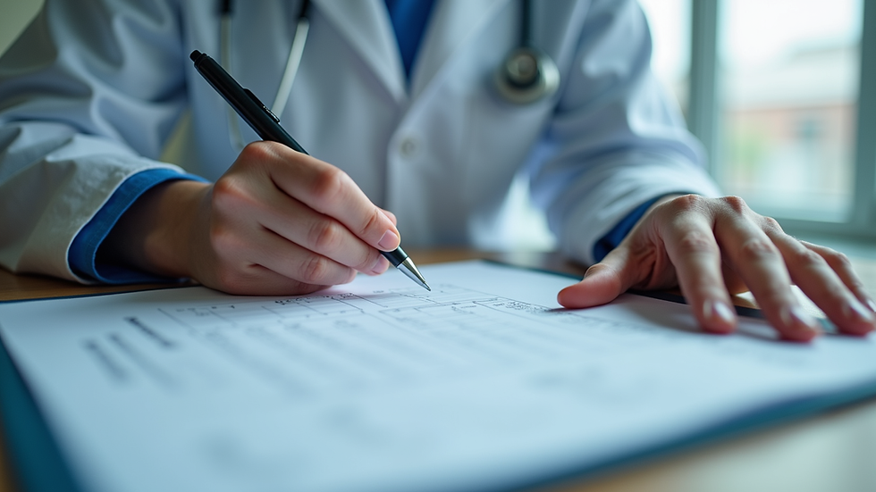 Eye-level view of a healthcare professional reviewing patient assessment forms