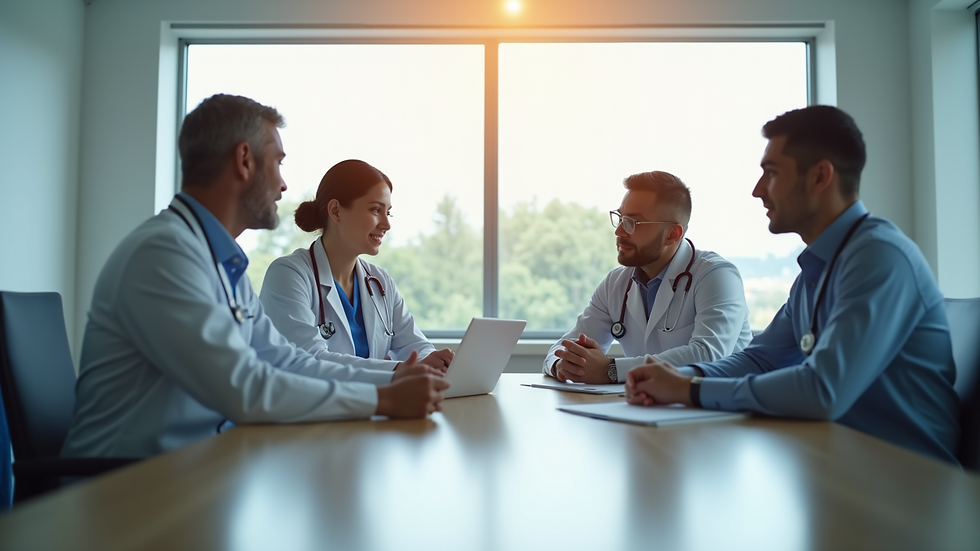 Close-up view of a healthcare team meeting in a bright conference room