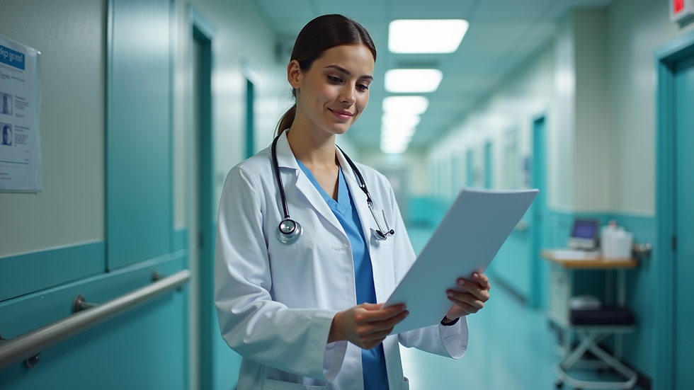 Eye-level view of a nurse consultant reviewing patient charts in a nursing facility
