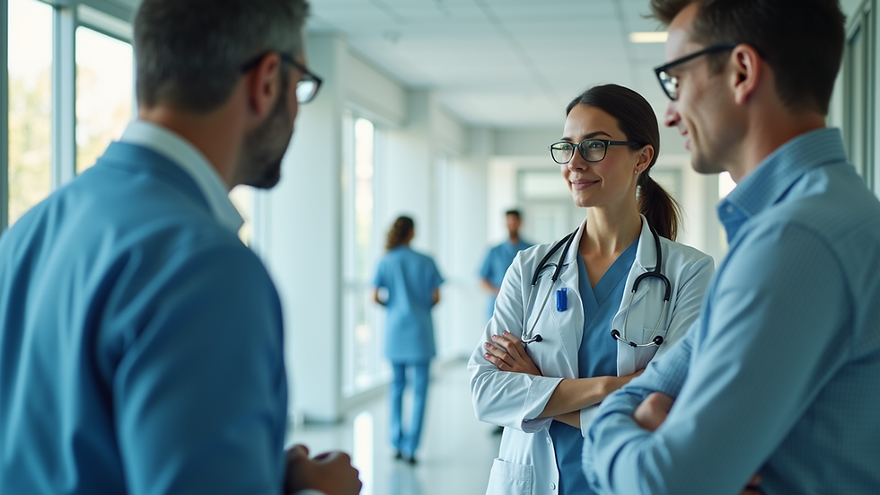 Eye-level view of a healthcare consultant discussing strategy with a medical facility manager