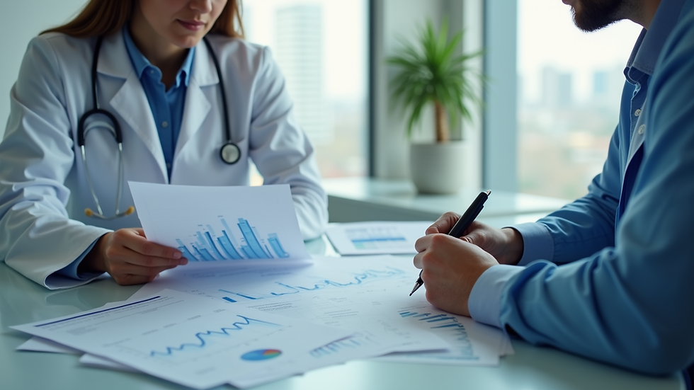 Close-up view of a healthcare consultant reviewing data charts with a healthcare administrator