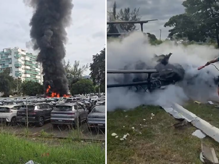 Dois helicópteros caem sobre concessionária da Byd neste domingo no Rio; há mortes no local