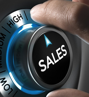 Sales button pointing the highest position with two fingers, blue and grey tones, Conceptu