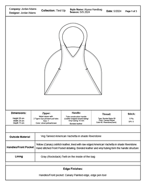 Mock tech pack for the Alyssa bag (pg 1 of 3)