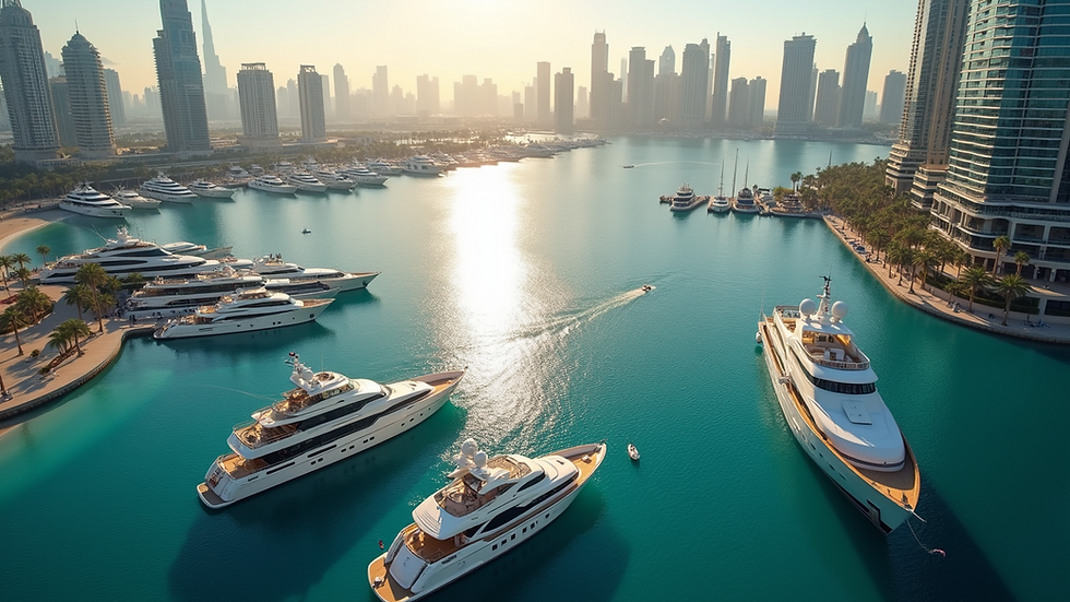 High angle view of Dubai Marina with luxury yachts