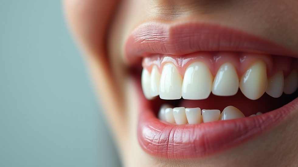Close-up view of dental veneers on upper front teeth