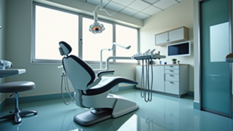 Eye-level view of dental clinic treatment room with dental chair