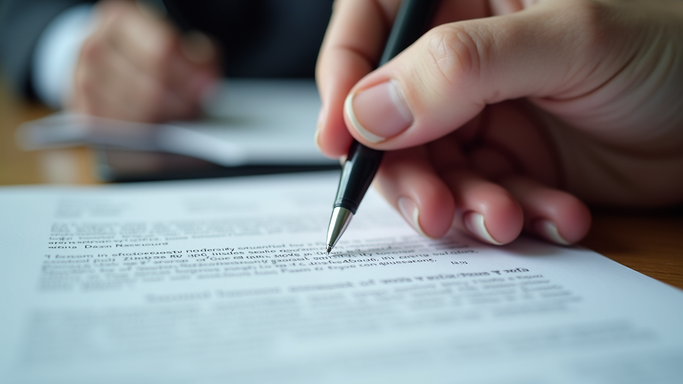 Close-up view of a person reviewing legal papers with a pen