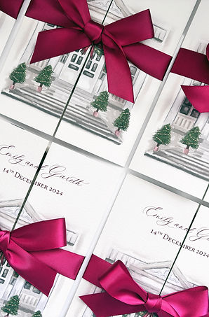 Watercolour gatefold of Pylewell Park secured with a satin burgundy ribbon